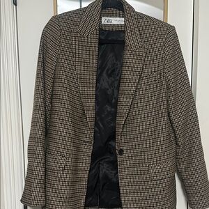 Zara Woman’s Checked Houndstooth Blazer in Brown and Black XS